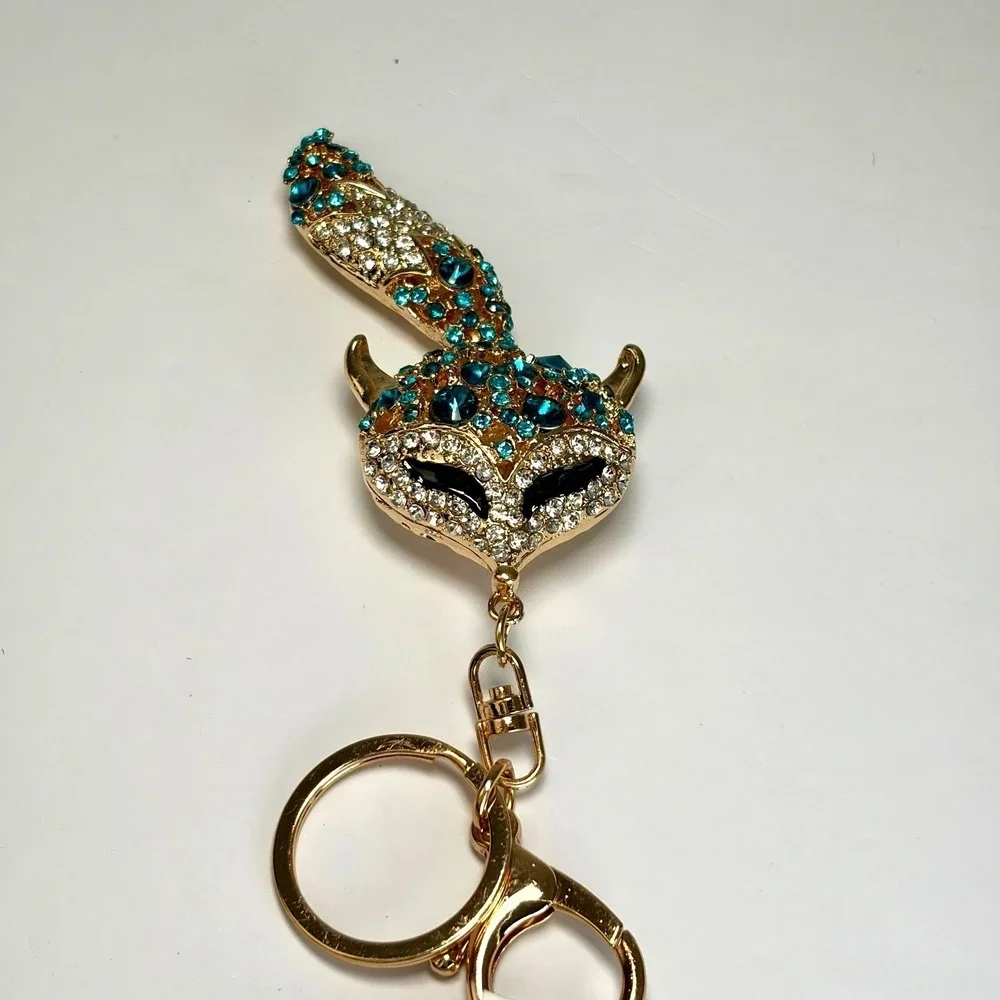 Boutique Fox Keychain Moving‎ Tail Teal Rhinestone Gold Bling Bag Charm Y2K Gift